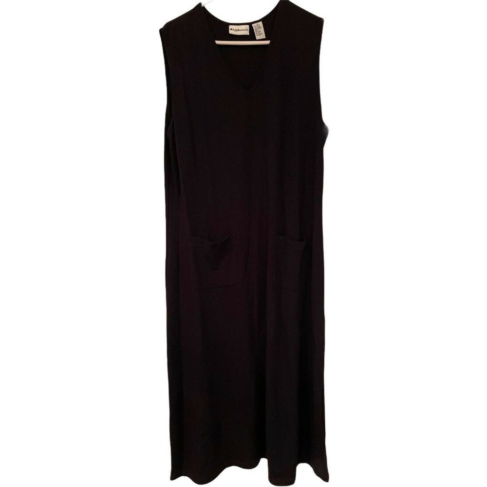 Appleseed's Knit Maxi Dress Womens 16 Black Sleeveless V-Neck Pockets